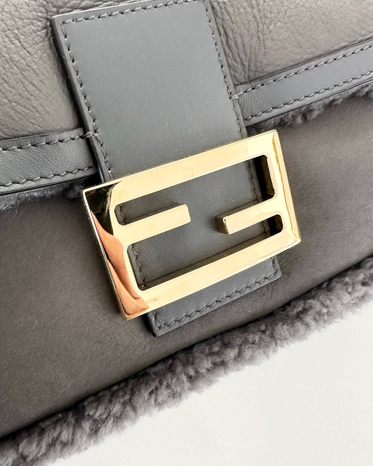 Fendi Grey Shearling/Leather Baguette