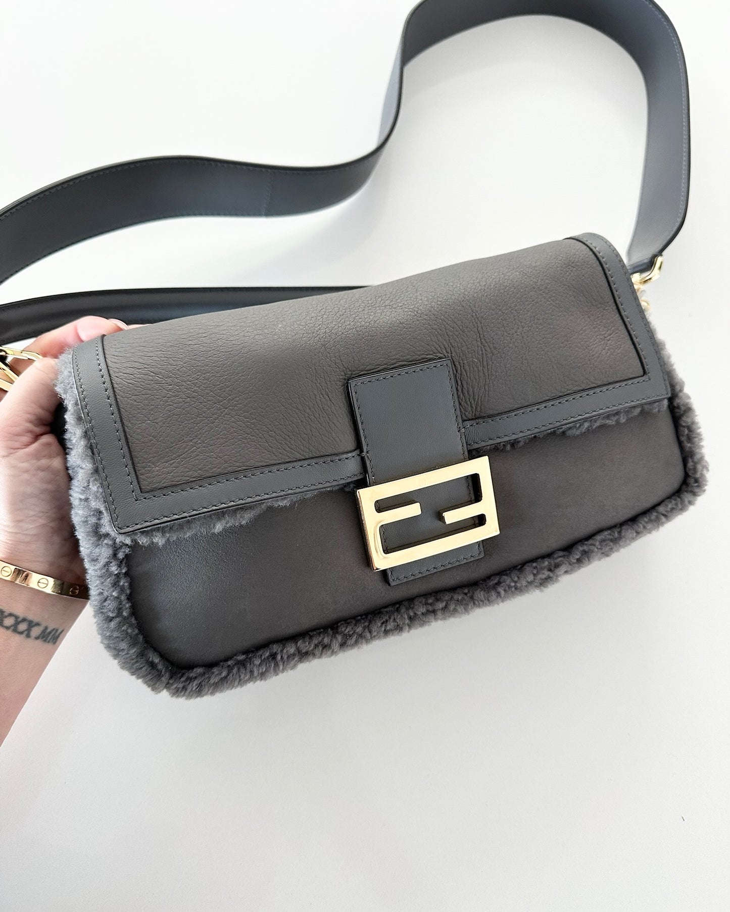 Fendi Grey Shearling/Leather Baguette