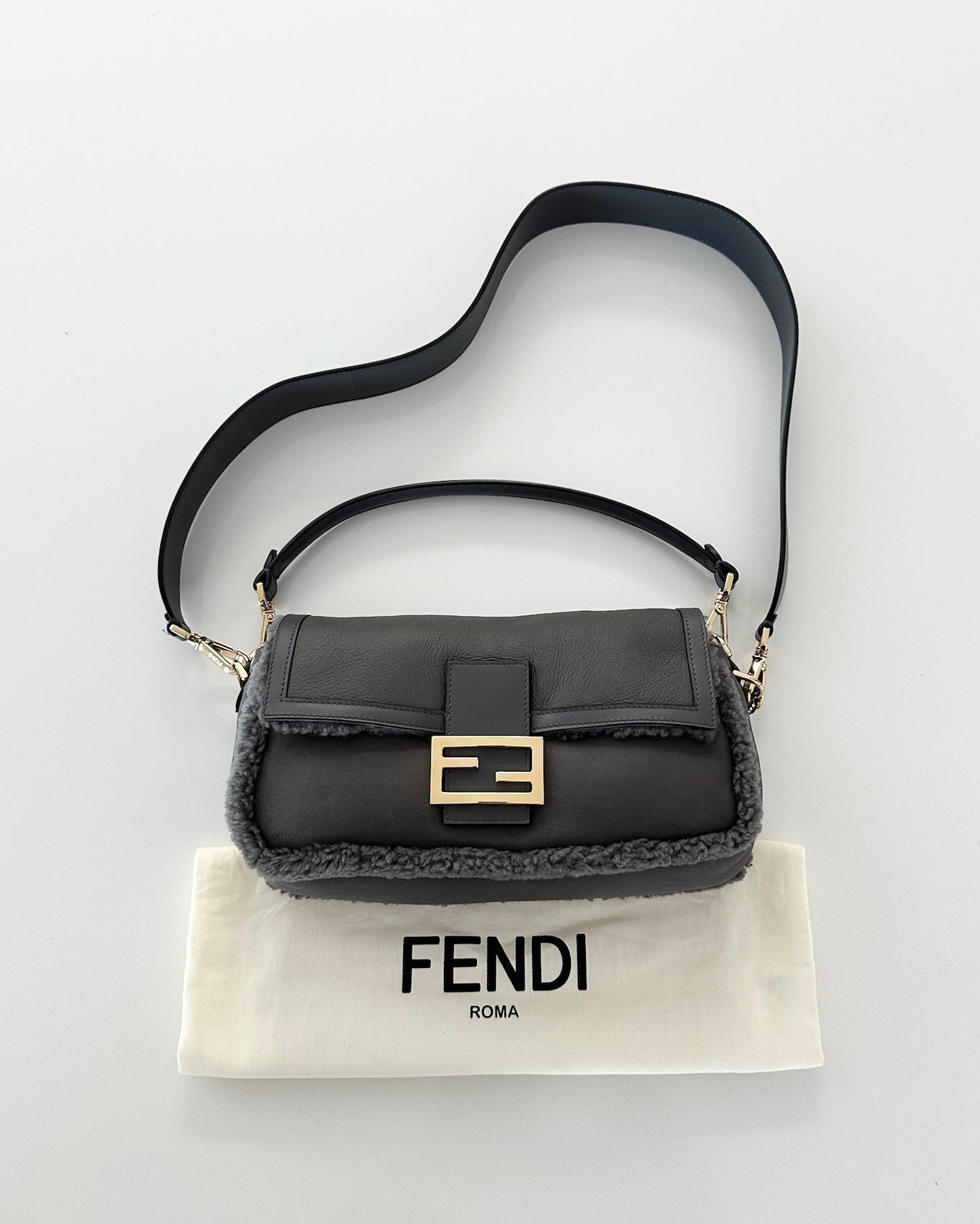 Fendi Grey Shearling/Leather Baguette